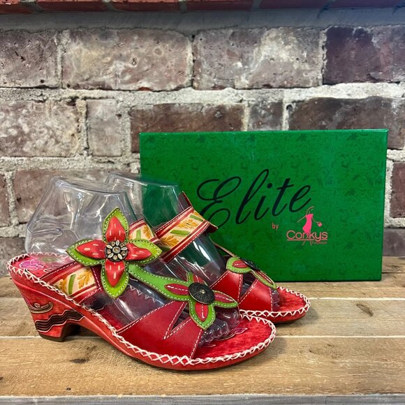 Corkys Shoes - NIB Elite By Corkys 'Poppy' Red Leather Floral Heeled Sandal Sz 9